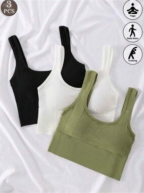 SHEIN Black, White & Olive Ribbed Sports Bralette 3-Pack